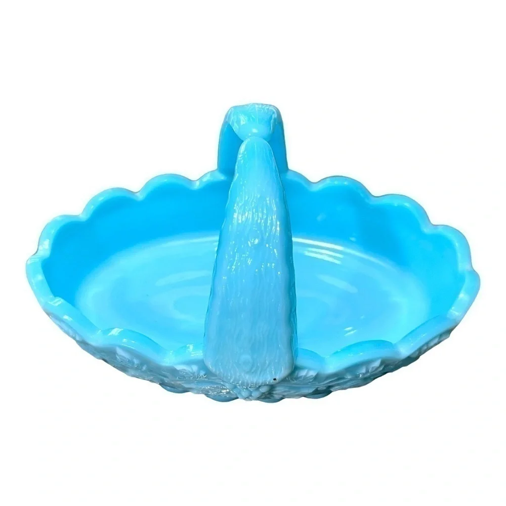 VINTAGE, WESTMORLAND, SATIN BLUE CUSTARD BASKET WITH SPLIT HANDLE.